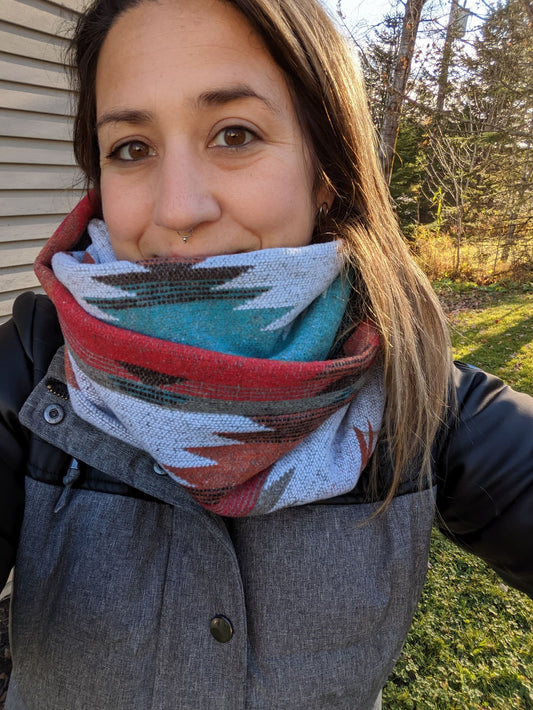 Foulard d'hiver - Lainage boho bleu, rouge et orangé