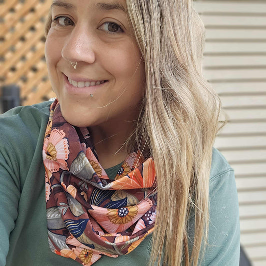 Prêt à partir - Foulard infini grosses fleurs sur bourgogne