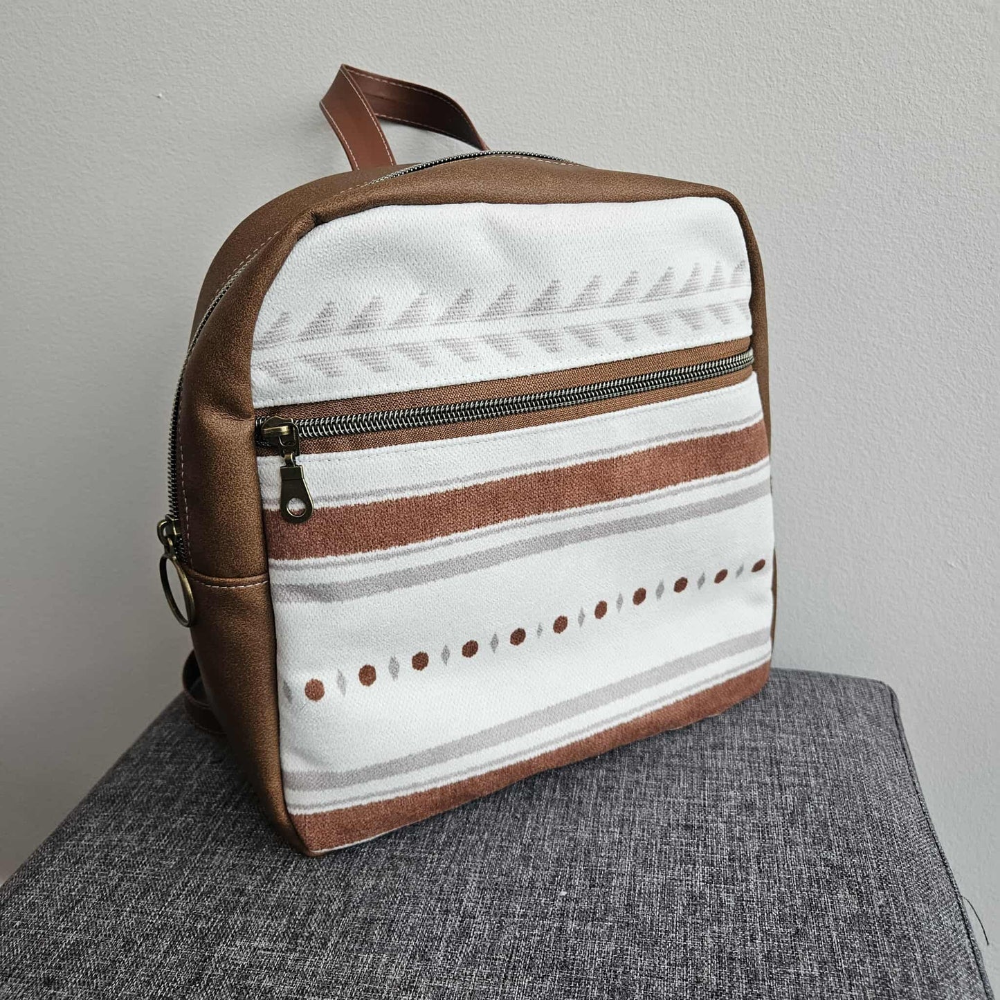 Sac à dos petit format - Boho blanc et cognac