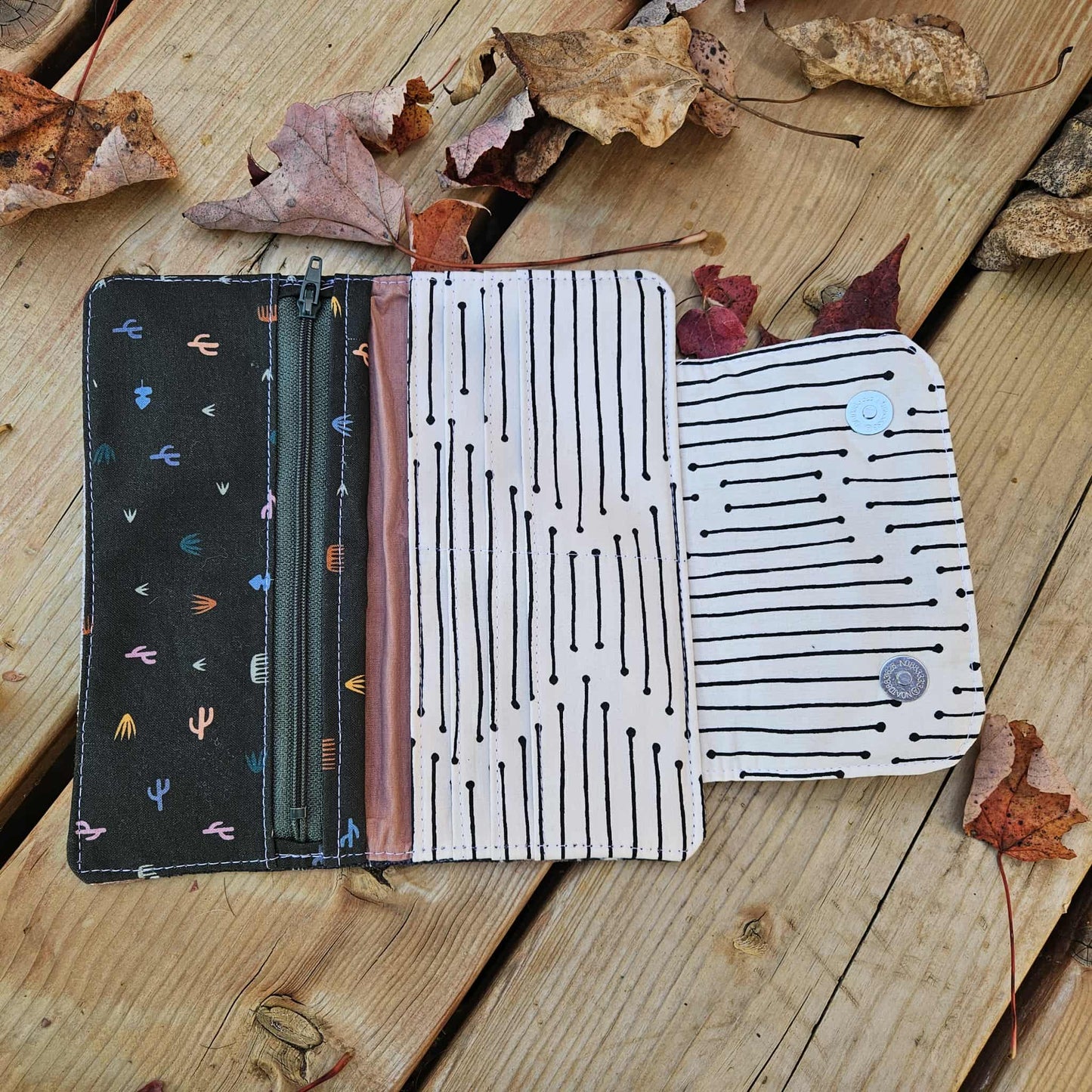Portefeuille compact 6 espaces - Boho noir et cognac