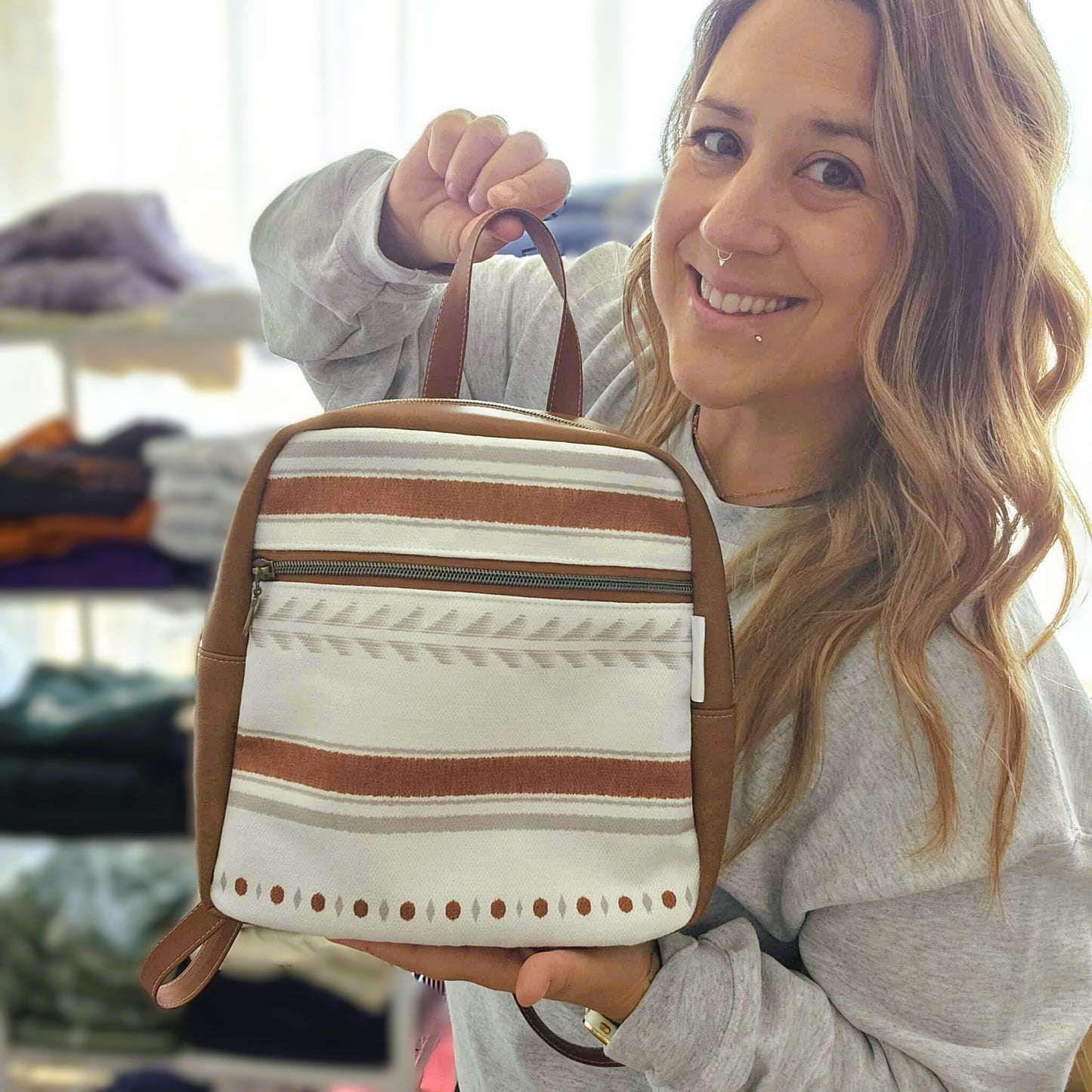 Sac à dos petit format - Boho blanc et cognac