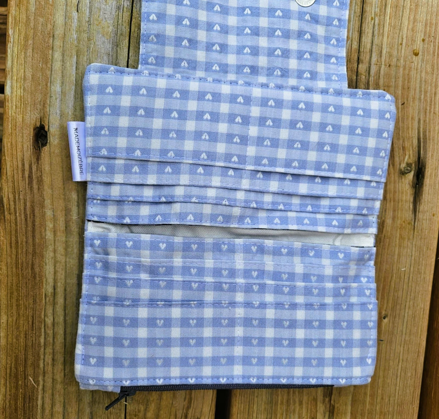 Portefeuille compact - 12 espaces - Coeurs sur bleu et cuirette