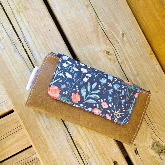 Portefeuille compact - 12 espaces - Fleurs sur marine