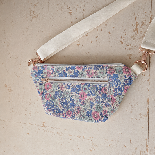 Sac banane/bandoulière - Fleurs en liberté bleu et rose