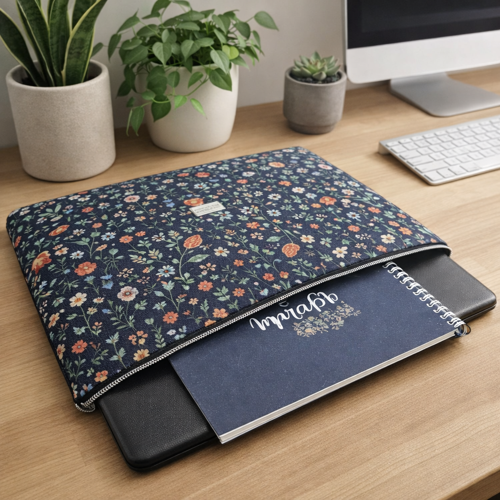 Étui matelassé à portable ou tablette - Fleuri sur marine