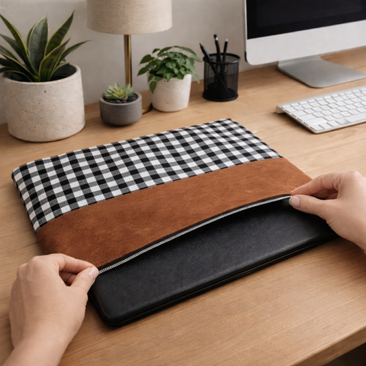 Étui matelassé à portable ou tablette - Noir et blanc + cognac