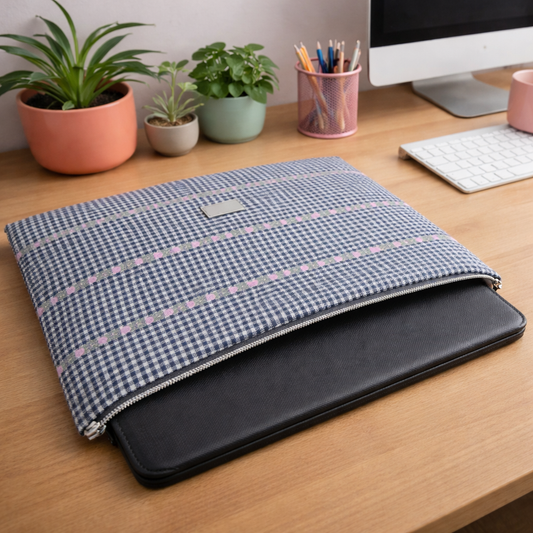 Étui matelassé à portable ou tablette - noir et blanc + mini fleur