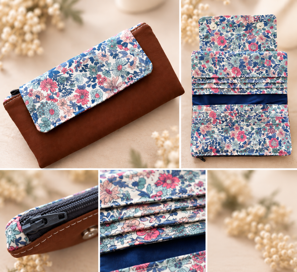 Portefeuille compact - 12 espaces - Fleurs en liberté bleu et rose