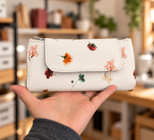 Portefeuille compact - 12 espaces - Fleurs sur écru
