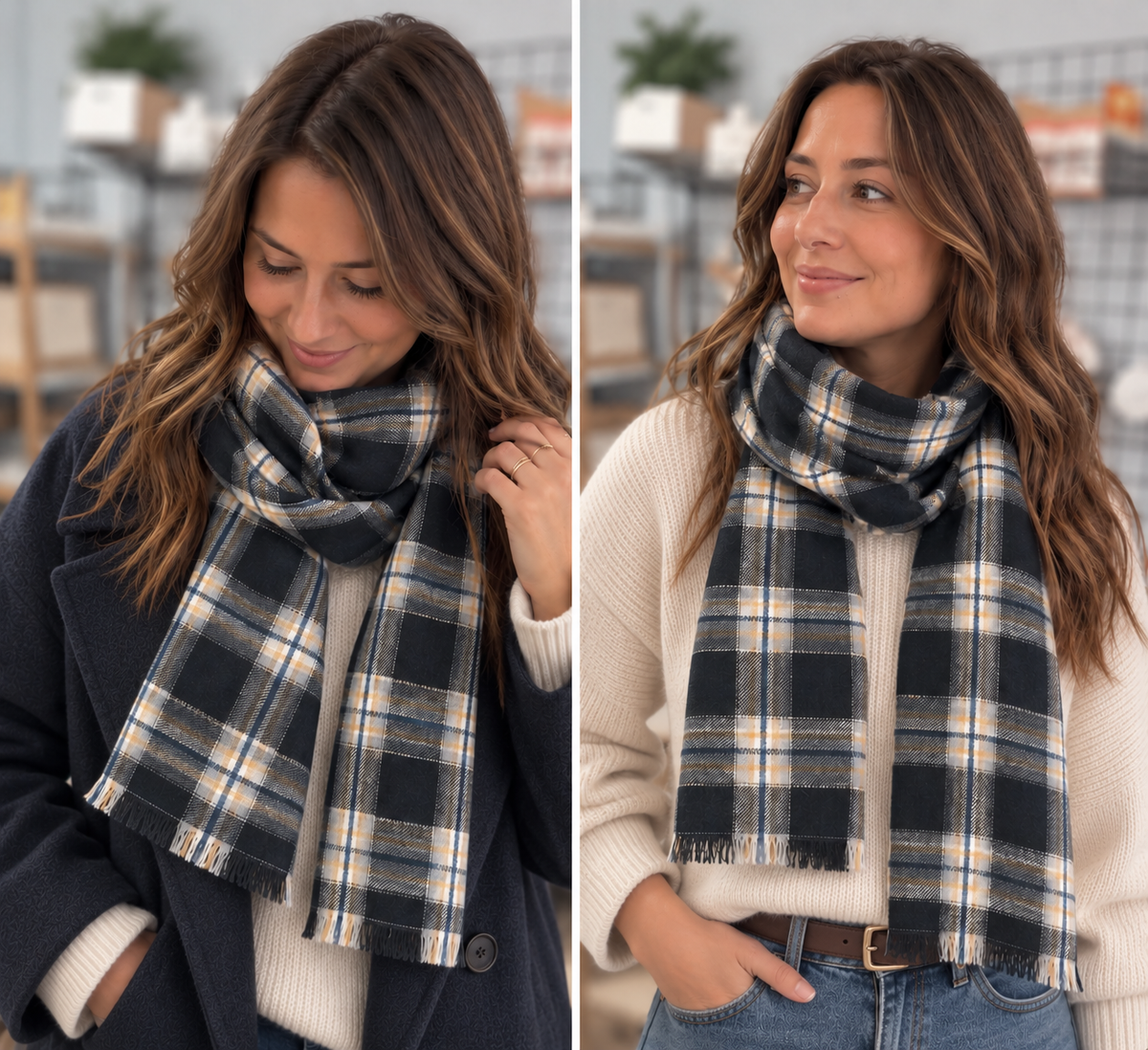 Foulard automne hiver - Marine, écru et beige