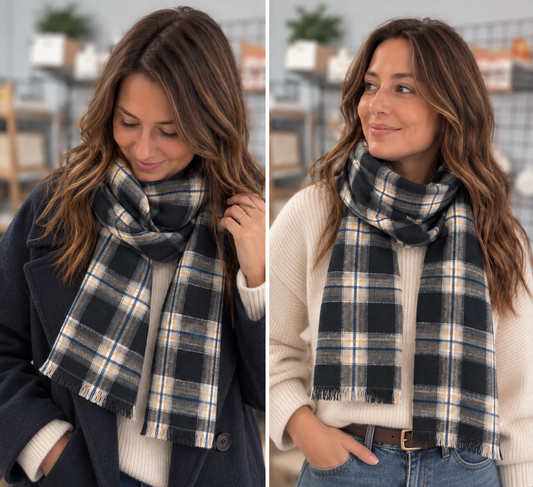 Foulard automne hiver - Marine, écru et beige