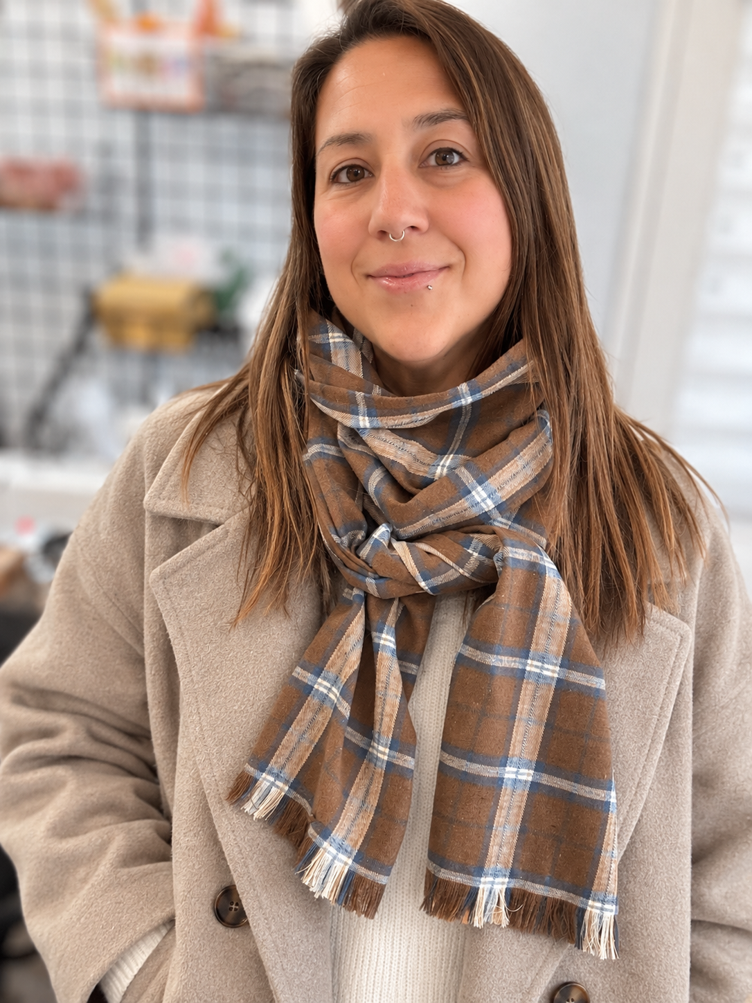 Foulard automne hiver - Brun, beige et bleu pâle