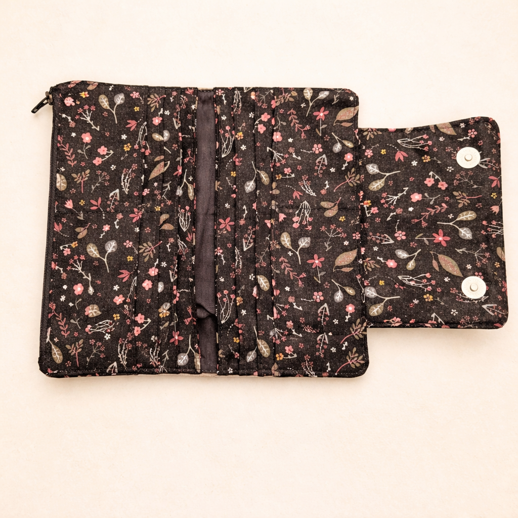 Portefeuille compact - 12 espaces - Fleurs sur marine