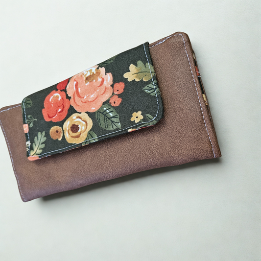 Portefeuille compact - 6 espaces - grosses Fleurs sur vert